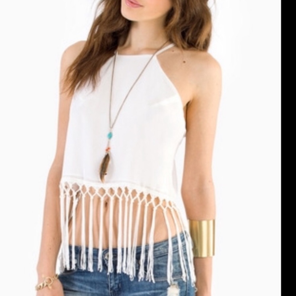 TOBI Sheer Crop Top with Tassels